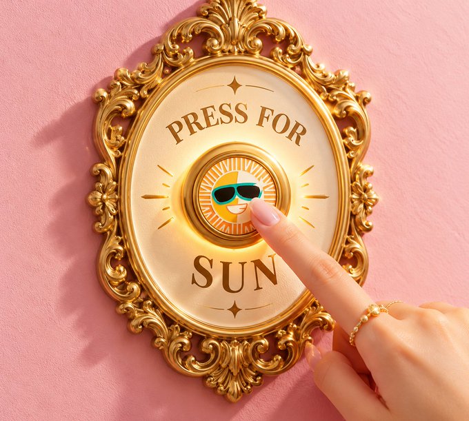 A hand presses an ornate gold button on a pink wall that reads 'PRESS FOR SUN,' featuring a sun emoji wearing sunglasses in the center of a decorative frame.