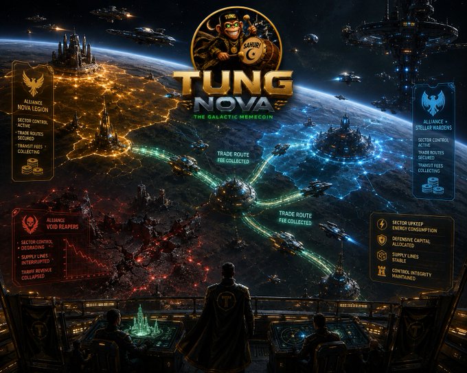 A sci-fi themed infographic titled 'TUNG NOVA - THE GALACTIC MEMECOIN' featuring a strategic galaxy map divided into factions (NOVA LEGION, VOID REAPERS, STELLAR RAIDERS) and trade information.