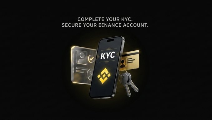 A smartphone displays the "KYC" verification screen alongside a Binance logo, accompanied by an ID card and credit card with keys, reinforcing the message about securing your Binance account through identity verification after initial registration. The headline reads "COMPLETE YOUR KYC. SECURE YOUR BINANCE ACCOUNT."