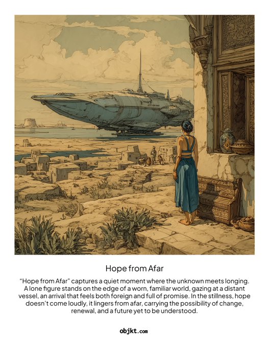 An artistic illustration titled 'Hope from Afar' by objkt.com shows a lone figure in a blue skirt standing on a stone ledge gazing at a large futuristic vessel over an ancient desert city.