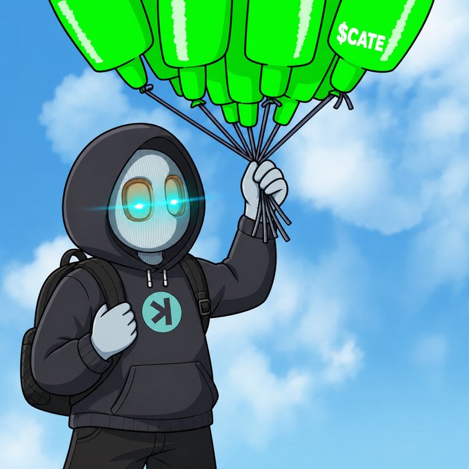 A hooded figure with glowing cyan eyes and an "X" logo on their chest floats through a cloudy blue sky holding a bundle of green parachutes marked "$CATE," visually reinforcing the post's celebration of the token gaining 1,000 new holders in just 6 hours.
