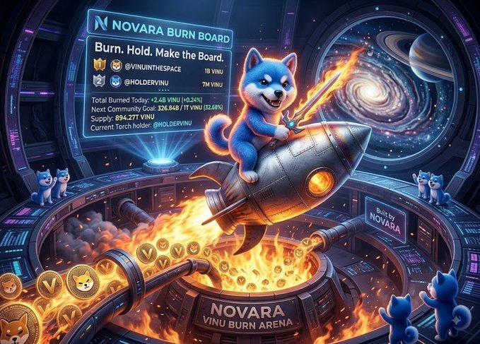 A vibrant crypto-themed digital artwork titled 'NOVARA BURN BOARD' featuring a Shiba dog riding a rocket through space, with a leaderboard showing '@VININTHESPACE' and '@HOLDERVINU' stats, set in the 'NOVARA VINU BURN ARENA'.