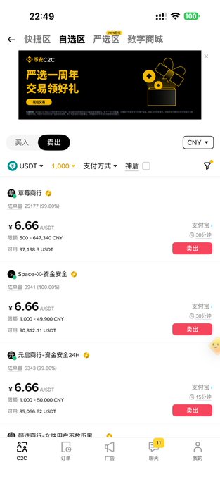 A mobile screenshot of a cryptocurrency trading app (Binance C2C) showing the '卖出' (Sell) tab for USDT with several merchant listings including 草莓商行, Space-X 资金安全, and 元启商行, with prices around 6.66-6.70.