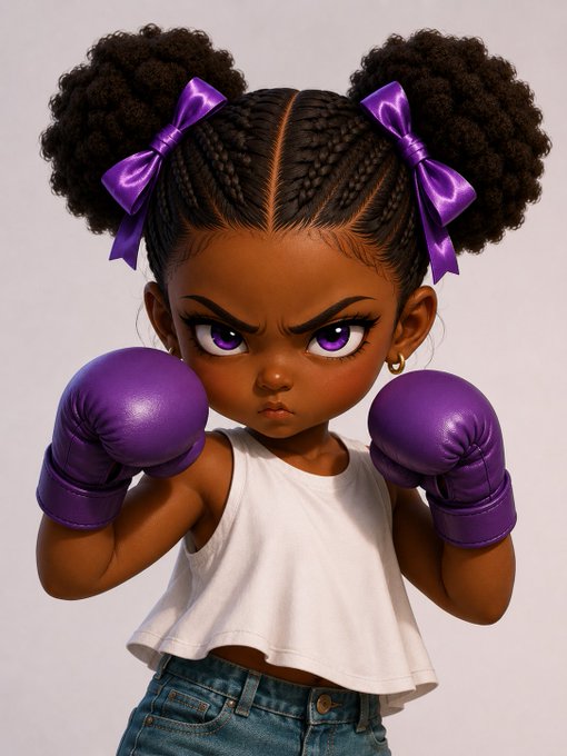 A stylized 3D-rendered young girl with braided hair in two afro puffs adorned with purple bows, wearing purple boxing gloves and a determined expression, dressed in a white tank top and blue jeans.