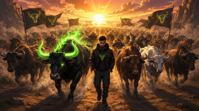The image depicts a man walking confidently between a massive stampede of bulls, including a striking black bull with glowing green horns and eyes, with black flags bearing the $ANSEM bull logo waving behind him. This visually reinforces the "good morning $ANSEM bulls" message by portraying the $ANSEM community as a powerful, unstoppable herd charging forward at sunrise.