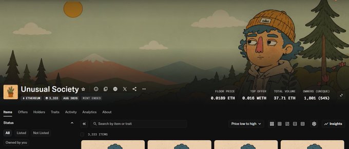 A screenshot of the "Unusual Society" NFT collection page on Ethereum, displaying a floor price of 0.0189 ETH, top offer of 0.016 WETH, and a total volume of 37.71 ETH with 1,801 unique owners (54%). The banner features an illustrated character wearing a beanie against a mountain landscape, fitting the "Unusual Society" branding referenced in the post by @UnusualNFTs.