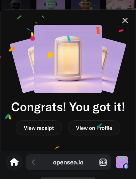 An OpenSea.io confirmation screen with confetti showing 'Congrats! You got it!' alongside a 3D rendered white lamp-like object, with buttons to 'View receipt' and 'View on Profile'.