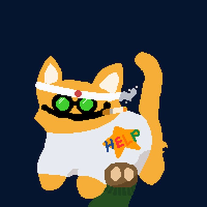 A pixel art image of an orange cat wearing green goggles and a white shirt with 'HELP' written in colorful letters, sitting on a green stem.