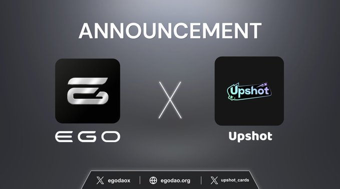 A partnership announcement graphic displaying the EGO logo and Upshot logo separated by an 'X', with the title 'ANNOUNCEMENT' at the top and social handles 'egodaox / egodao.org / upshot_cards' at the bottom.