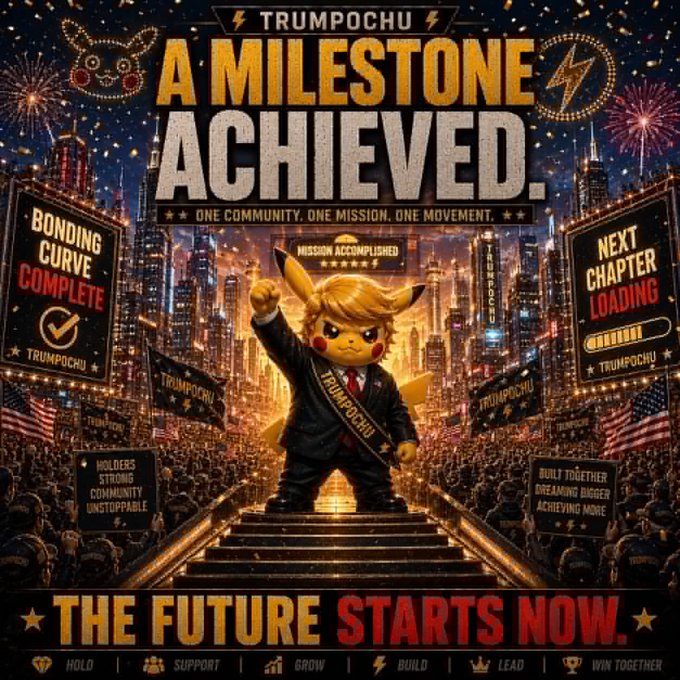 A celebratory promotional graphic for the "$TRUMPOCHU" meme coin features a triumphant Pikachu dressed in a Trump-style suit standing on a stage with a city skyline backdrop, declaring "A MILESTONE ACHIEVED" with messages like "BONDING CURVE COMPLETE," "MISSION ACCOMPLISHED," and "THE FUTURE STARTS NOW," aligning with the post's emphasis on community-building and the journey rather than hype.