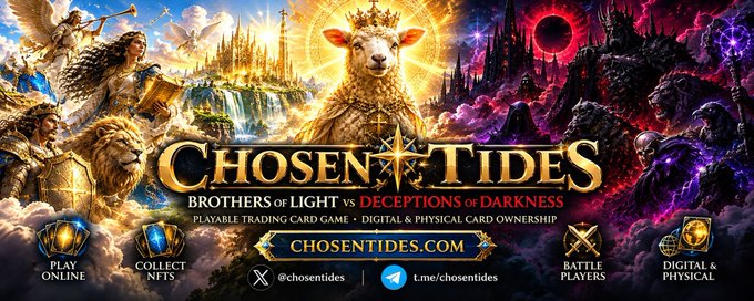 Promotional artwork for the trading card game "Chosen Tides: Brothers of Light vs Deceptions of Darkness," featuring a crowned lamb centered between angelic warriors on the left and demonic figures on the right, with text advertising its website (ChosenTides.com), online play, NFT collecting, and social handles to support the $CHSNT token launch on Solana.
