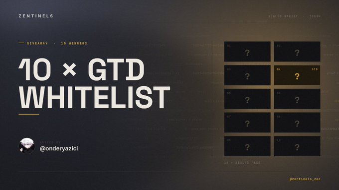 A promotional graphic for 'ZENTINELS' advertising a giveaway of 10 GTD Whitelist spots for 10 winners, featuring a grid of question-marked slots and the handle '@onderyazici'.