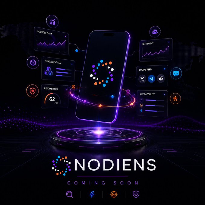 A promotional graphic for "NODIENS COMING SOON" showing a smartphone surrounded by holographic data panels for Market Data, Sentiment, Fundamentals, Risk Metrics, Social Feed, and My Watchlist.