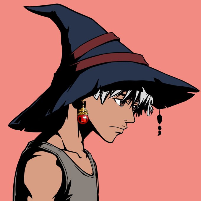 Anime-style illustration of a young man in profile wearing a pointed witch/wizard hat with red bands, a gray tank top, and a red gem earring against a coral pink background.