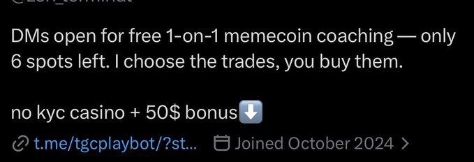 A Telegram profile advertises “free 1-on-1 memecoin coaching” with only 6 spots left, while the poster chooses the trades. The username appears to be a no-KYC casino offer promoting a $50 bonus, highlighting the joke behind “lmaooooo 1-1 memecoin coaching.”