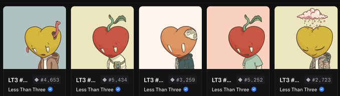 The image displays five NFT character cards from the "Less Than Three" (LT3) collection with various heart-themed designs and prices ranging from #2,723 to #5,252. The post expresses appreciation for someone at @SHGFees and mentions purchasing a "Little broom" LT3 NFT to support them, referencing one of the heart character artworks shown.