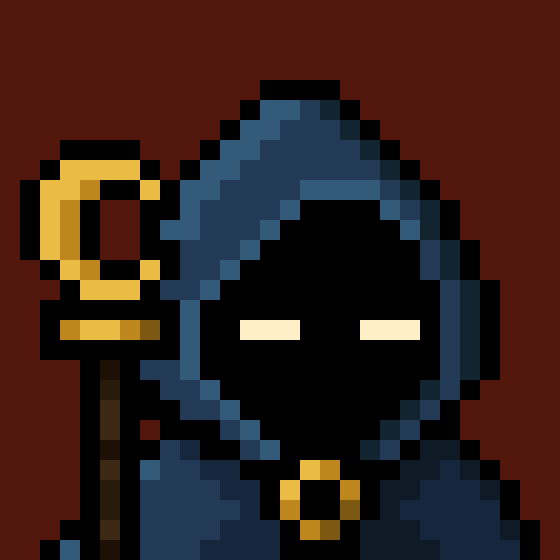 A pixel art character wearing a blue hooded robe that obscures their face, with glowing white eyes and a golden collar, holding a golden staff.