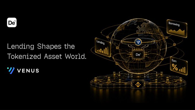 A De’ tokenization graphic states “Lending Shapes the Tokenized Asset World” for “VENUS,” showing a globe with lending, borrowing, and earn panels.