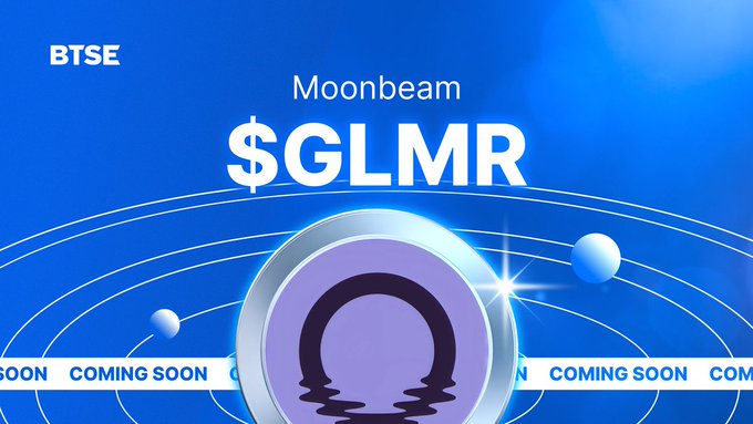 A blue promotional graphic for BTSE announcing 'Moonbeam $GLMR COMING SOON' with a purple coin design and orbital rings.