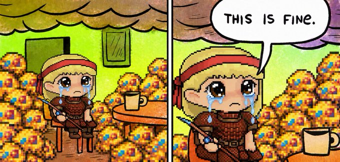 A two-panel comic showing a crying chibi character in armor surrounded by gold, with the text 'THIS IS FINE.'