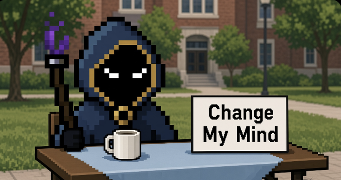 A pixel art illustration of a hooded grim reaper figure sitting at a table with a coffee mug and a 'Change My Mind' sign, set in front of a university campus.