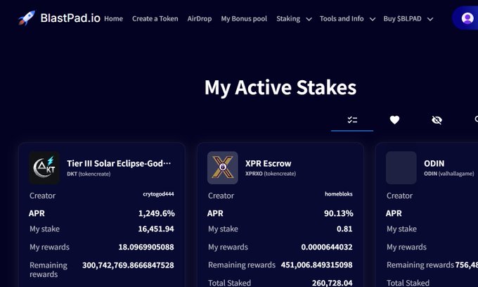 A screenshot of the BlastPad.io website showing a 'My Active Stakes' dashboard with staking details for three tokens: Tier III Solar Eclipse-God..., XPR Escrow, and ODIN.