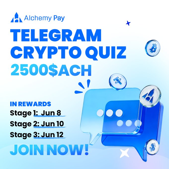 The image features a poster for a crypto challenge, with blue speech bubbles containing text related to the challenge. The poster includes details about the challenge, such as its stages (stages 1-12) and the prize money (2500 $ACH). There are also hints or clues provided in the form of coins scattered around the poster. The main focus is on the message "Join Now!" which invites people to participate in the crypto challenge by joining the #AlchemyPay Crypto Quiz on their latest update, scheduled for June 8th at 10:00 am.