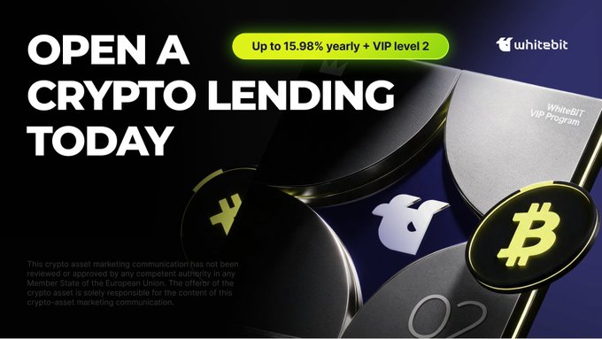 A promotional banner for WhiteBIT crypto exchange advertises their Crypto Lending program with up to 15.98% yearly returns and VIP level 2 access, featuring stylized gold Bitcoin coins and a BlackB

The image displays the headline "OPEN A CRYPTO LENDING TODAY" with a "Up to 15.98% yearly + VIP level 2" callout, alongside the whitebit logo, "WhiteBIT VIP Program" text, and Bitcoin symbols, visually reinforcing the post's offer for crypto lending plans worth 10,000 USDT with the stated rewards and VIP benefits for the first 100 participants.
