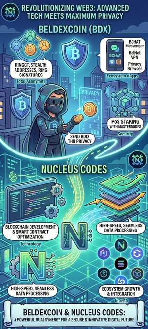 A promotional graphic featuring an animated hooded figure surrounded by tech and privacy icons, promoting 'BELDEXCOIN (BDX)' with features like 'RINGCT. STEALTH ADDRESSES', 'BChat Messenger', and 'PoS STAKING WITH MASTERNODE'.