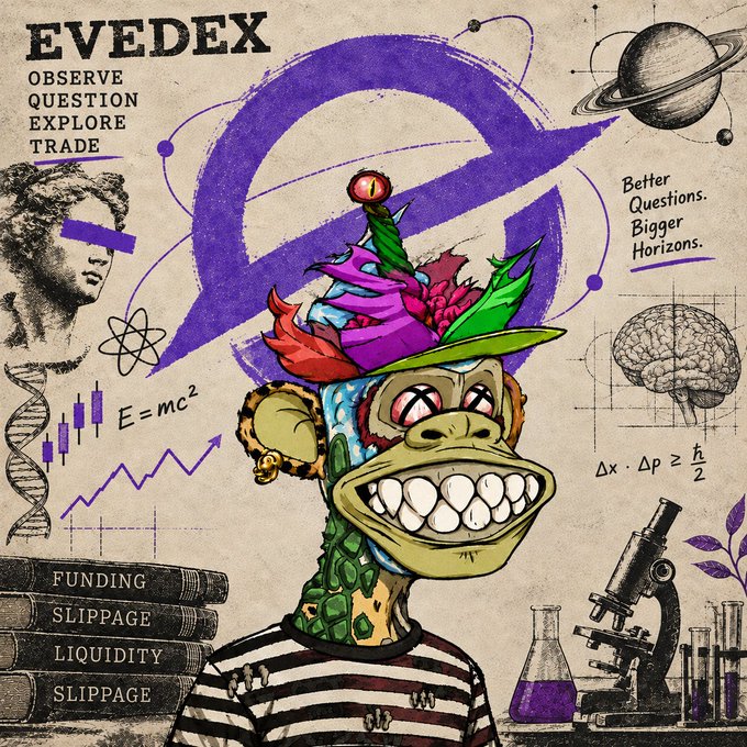 An artistic poster for EVEDEX with the tagline 'OBSERVE QUESTION EXPLORE TRADE' features a colorful cartoon monkey in a striped shirt surrounded by scientific imagery, a brain, and stacked books labeled FUNDING, SLIPPAGE, and LIQUIDITY.