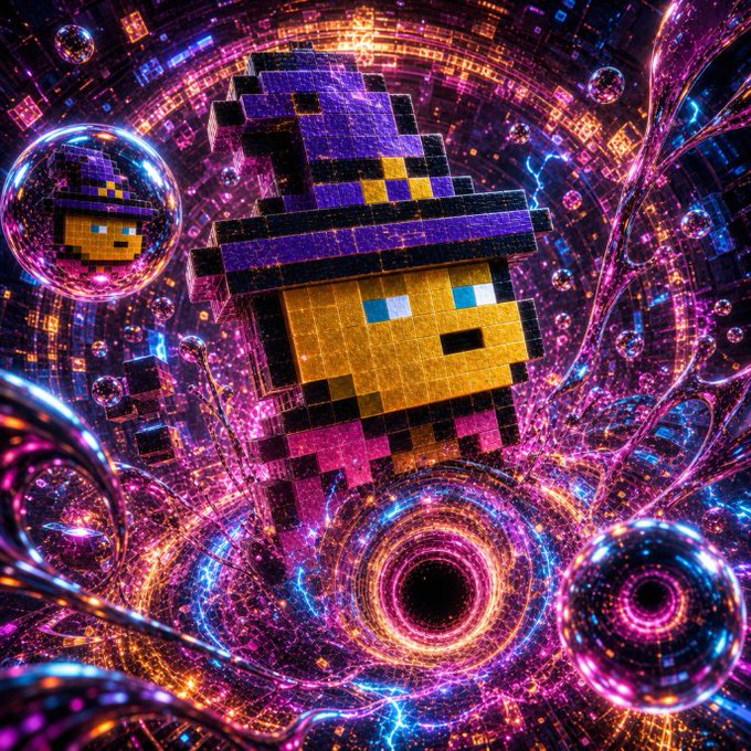 A pixel-art style wizard character with a blue and yellow hat, surrounded by swirling neon cosmic energy, lightning, and portals.