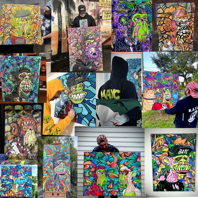 A collage of vibrant, graffiti-style paintings featuring cartoonish monkey/ape characters in colorful urban art aesthetics, with several images showing hooded artists wearing 'BAYC' (Bored Ape Yacht Club) merchandise.