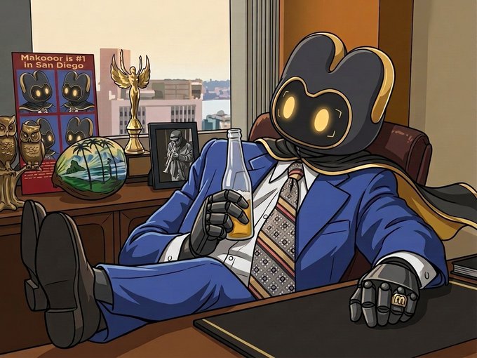 An illustrated mascot character wearing a blue suit and golden mask sits at an office desk with feet up, holding a bottle, with a 'Makoor is #1 in San Diego' poster visible in the background.