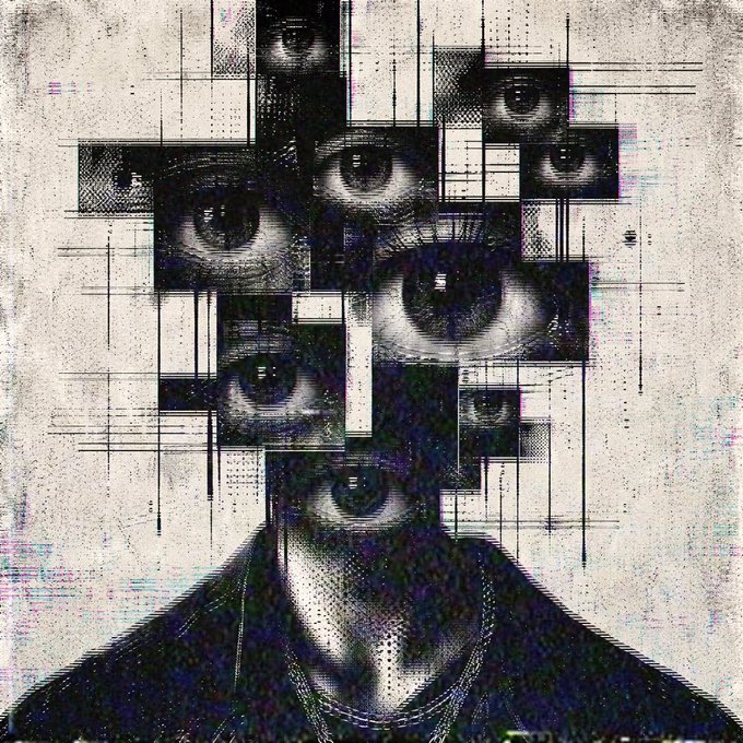 A surreal, glitch-art style portrait of a figure whose face is obscured by a grid of multiple watchful eyes rendered in black and white pixelated tones. The image ties to the post as the sold-out NFT artwork titled "OBSERVED," purchased by @CryptoShawn88 on @teamartcollect, with its theme of surveillance perfectly matching the piece's title.