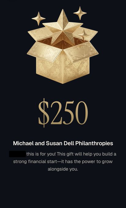 The image is a graphic featuring a golden gift box with star accents and bold text announcing a "$250" gift from "Michael and Susan Dell Philanthropies," with a message stating the gift will help build a strong financial start. The accompanying post frames this $250 as a seed investment, claiming it could become $20K or more (especially in the ticker "$ASST") over 18 years under a Bitcoin power law projection.