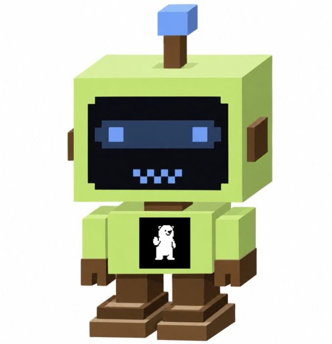 A 3D-rendered pixelated green robot character with a black screen face showing blue pixel eyes and teeth, featuring a small antenna with a blue cube on top.