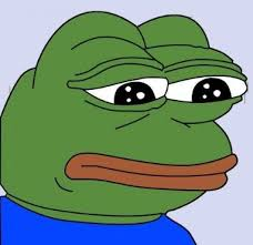 A close-up of the Pepe the Frog meme character, depicting the cartoon frog with a sad, droopy-eyed expression.