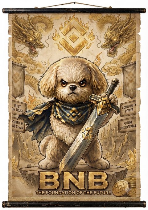 A fantasy-themed scroll banner featuring a small dog holding a sword, flanked by golden dragons, with text 'BUILT ON TRUST', 'SECURED BY BNB CHAIN', 'COMMUNITY POWER', 'FUTURE UNSTOPPABLE', and 'BNB THE FOUNDATION OF THE FUTURE' at the bottom.