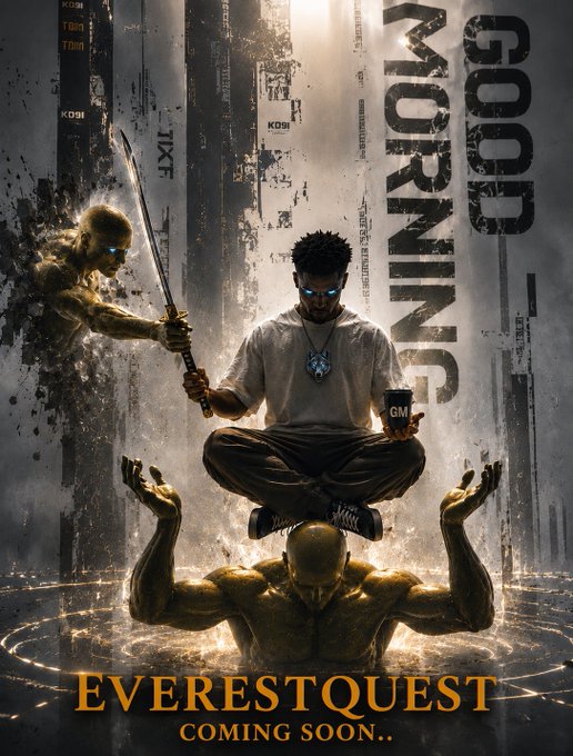 A cinematic "Good Morning" poster featuring a levitating man with glowing blue eyes holding a sword and a "GM" cup, hovering above a muscular figure amid dramatic city ruins, with "EVERESTQUEST — COMING SOON.." displayed at the bottom, aligning with the post's motivational theme of strength and origin.