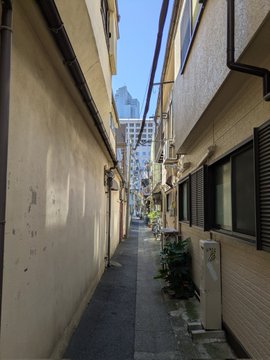 The image shows a narrow alleyway between two buildings, with one building featuring a large window and the other having a smaller window. The alleyway appears to be empty of people or vehicles at the moment. There are no visible texts or additional objects in the scene.