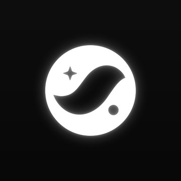 A circular logo on a black background featuring a stylized black mustache shape, a small sparkle on the upper left, and a dot on the lower right, all enclosed within a white illuminated circle.