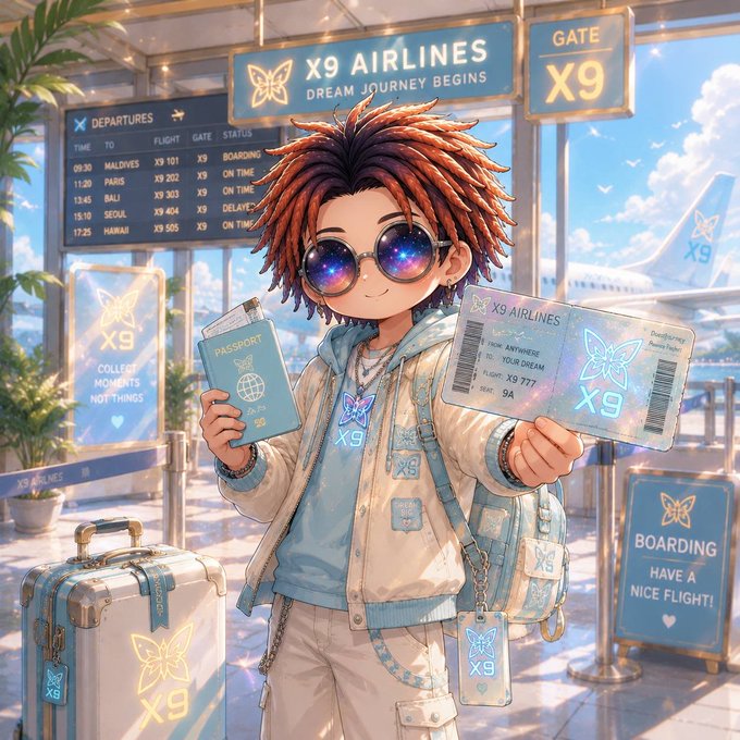 In this digital art illustration, there's a person dressed as a boy holding two pieces of paper - one appears to be an airline ticket with blue wings visible on it. The other piece of paper is a passport. There are also suitcases scattered around the scene in various sizes and colors. Additionally, a sign is placed next to the luggage indicating that "we're getting closer to a weird reality: AI keeps getting stronger while the cryptography protecting today' s wallets was never designed for a post-quantum world". This message suggests that technological advancements might have consequences on traditional methods of identification or verification, potentially leading to new forms of security threats.