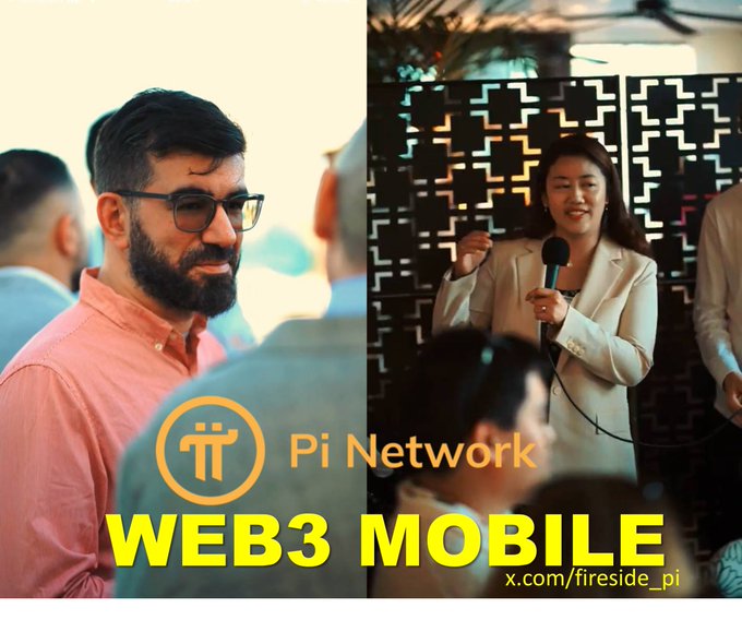 A promotional graphic featuring Pi Network branding displays two side-by-side images: on the left, a bearded man with glasses in a pink shirt appears to be in conversation, while on the right, a woman in a cream blazer speaks into a microphone at what looks like an event. The overlay text "Pi Network - WEB3 MOBILE" and "x.com/fireside_pi" highlights the cryptocurrency's expansion into real-world Web3 applications, aligning with the post's message about the Pi Core Team strengthening ties with strategic Web2 and Web3 partners.