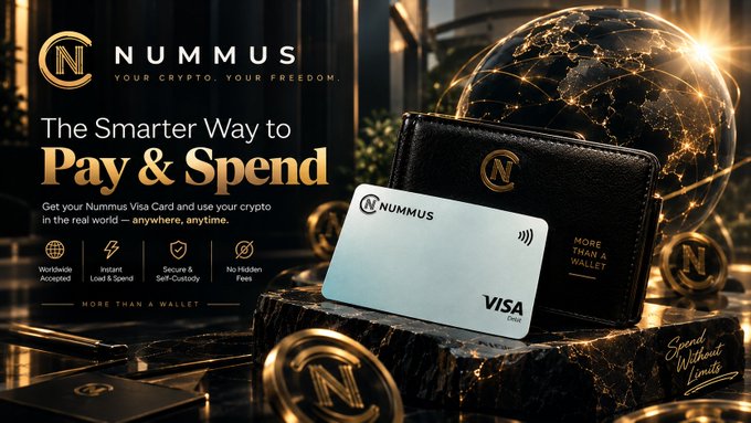 Advertisement for 'Nummus' Visa Card with the tagline 'The Smarter Way to Pay & Spend,' showing a white credit card in a black wallet displayed on a marble pedestal with a golden globe in the background.