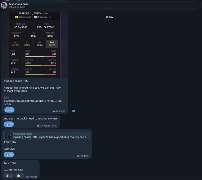 A Telegram chat from 'Massosus calls' showing PIPECAT token statistics with messages discussing price predictions and trading calls.
