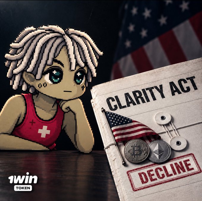 A pixel art character with white hair sits at a table next to a document labeled 'CLARITY ACT' with a 'DECLINE' stamp, an American flag, Bitcoin and Ethereum coins, and a '1win TOKEN' logo in the corner.