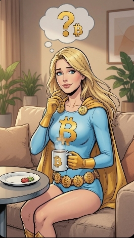 An illustration of a blonde woman in a blue and gold Bitcoin-themed superhero costume sitting on a couch, holding a Bitcoin mug with a thought bubble containing a question mark and the Bitcoin symbol.