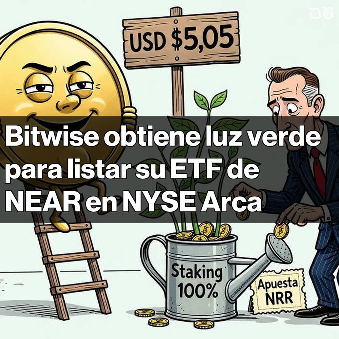 A cartoon illustration showing a giant gold coin character on a ladder next to a sign reading 'USD $5,05', with Spanish text overlay stating 'Bitwise obtiene luz verde para listar su ETF de NEAR en NYSE Arca'.