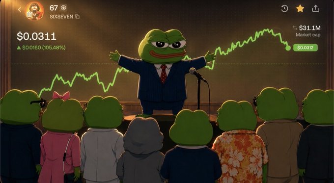 A Pepe-style illustration of a frog in a suit giving a speech to an audience of other frogs is overlaid on a CoinGecko chart for the meme coin "67" (SIXSEVEN), showing a price of $0.0311 and a market cap of $31.1M, with a 105.48% gain, visually celebrating the token's rapid rise.
