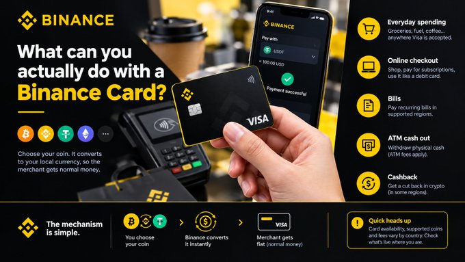 A promotional image for the 'BINANCE' card explaining what can be done with a Binance Card, including everyday spending, online checkout, paying bills, ATM cash out, and cashback.